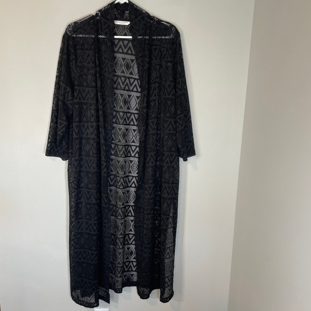 Peter Nygard Women 1X Black Geometric Lace Open Front Duster Cardigan Longline